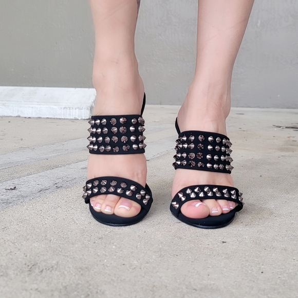 Women Metallic Studs Double Band High Heels Sandals Black Color - Picture 2 of 5